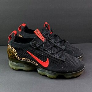 Nike Air VaporMax 2021 Flyknit Black Red Leopard Print Womens Sneaker Size 8.5